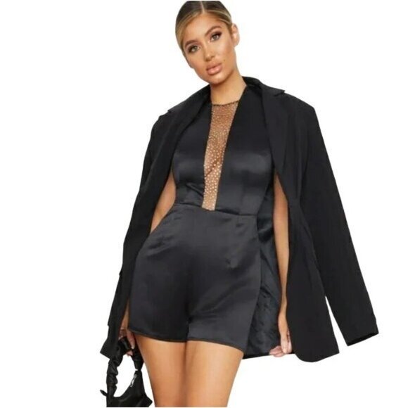 PrettyLittleThing Black Satin Romper - Picture 6 of 10